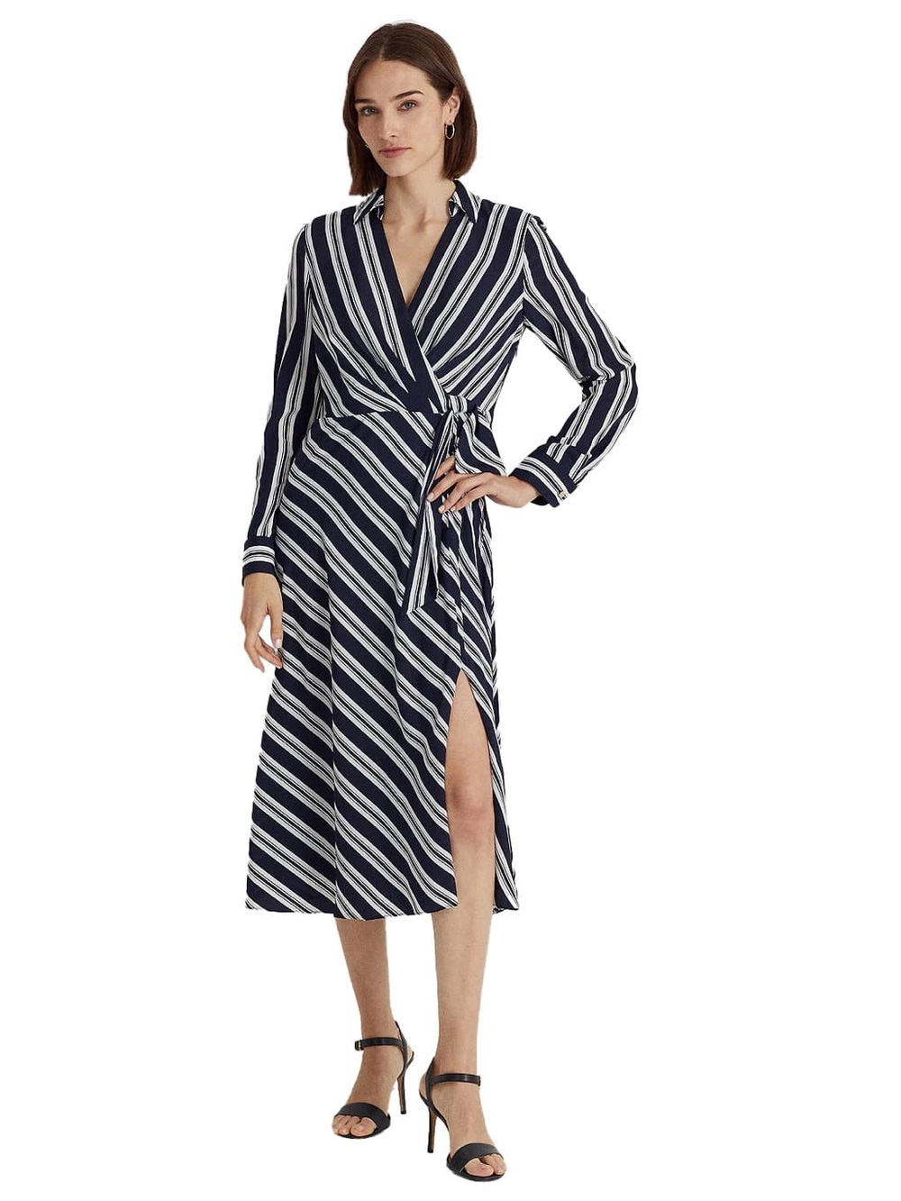 Lauren Ralph Lauren Navy and White Striped Wrap Midi Dress